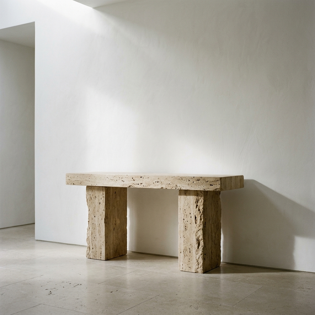Travertine console table against plaster wall