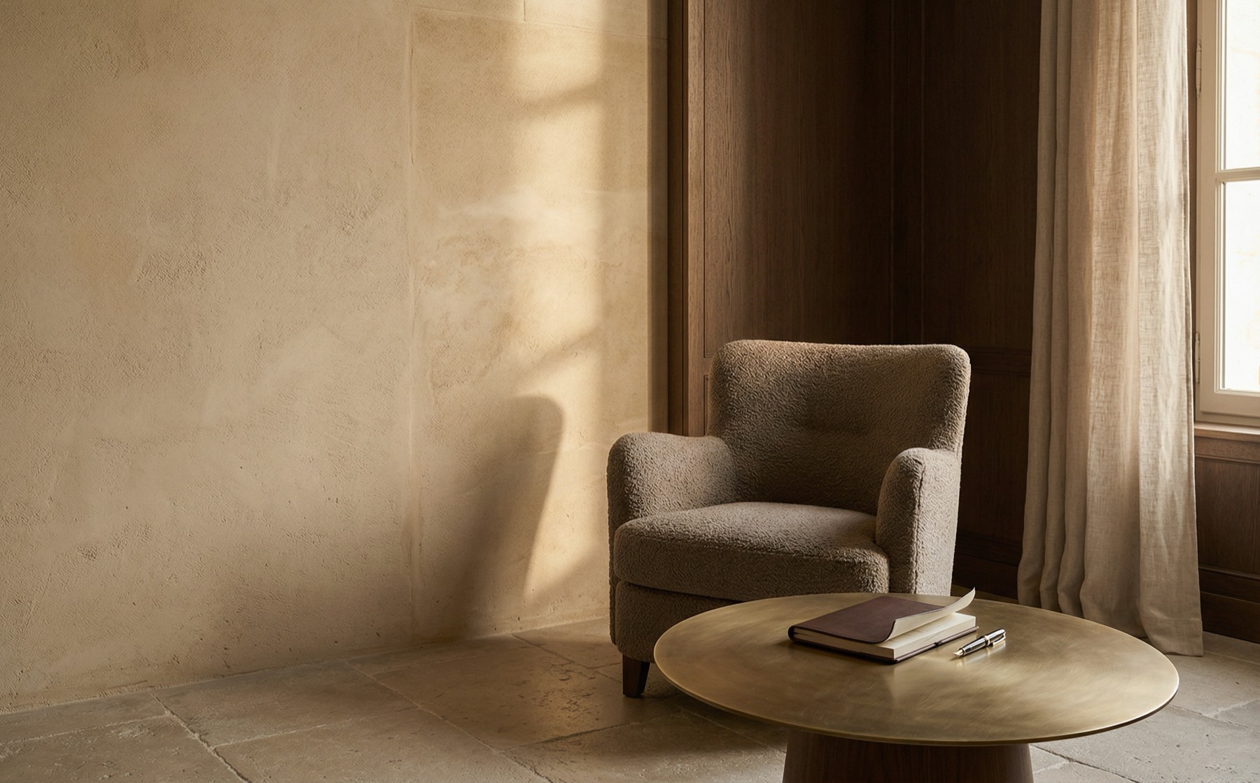 Quiet consultation room with brass table and soft afternoon light
